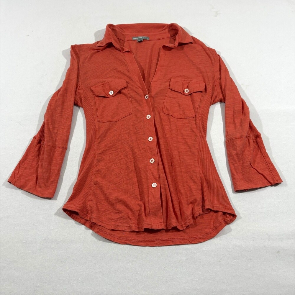James Perse Orange Red Slub Side Panel Shirt Cotton Button Long Sleeve Sz S USA